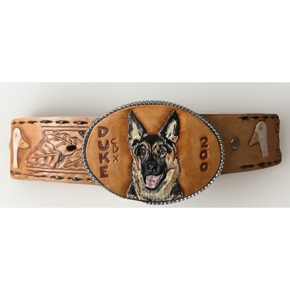 Vtg German Shepherd Dog CDX 200 Duck Floral Tooled Belt Buckle Duke Linda 33